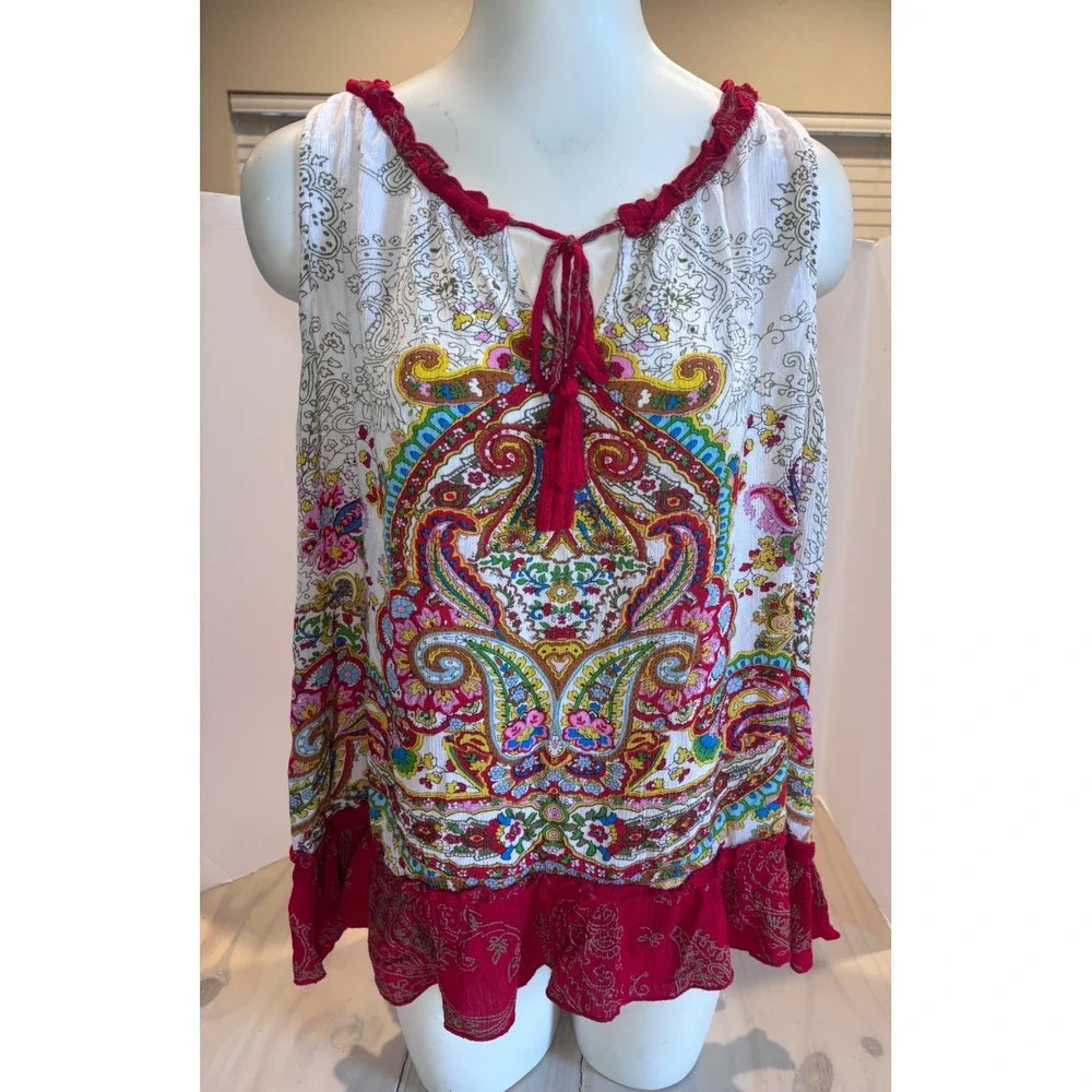 Bila Womens Large Boho Paisley Sleeveless Tassel Tie Neck Ruffle Hem Rayon Top